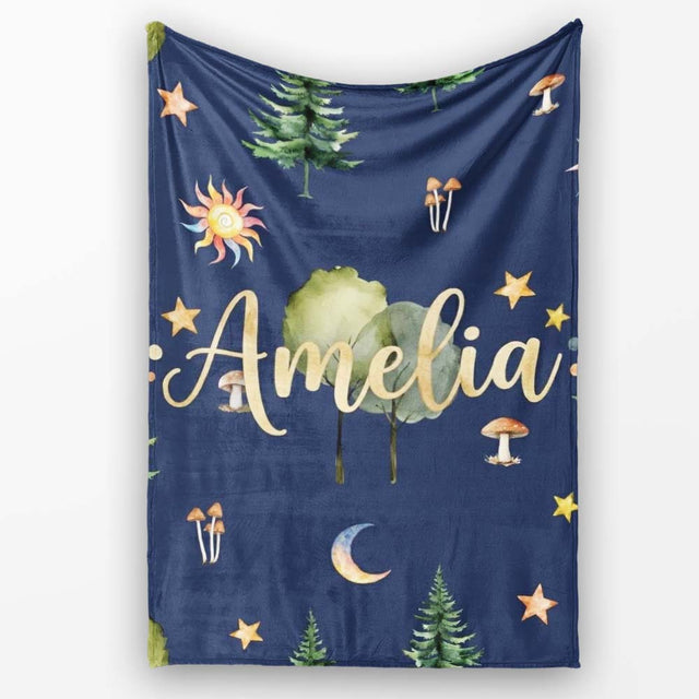 Watercolor Forest Trees Mushrooms Sun Moon Stars on Dark Blue  Personalised Custom Name Super Soft Fleece Blanket Bed Sofa Throw