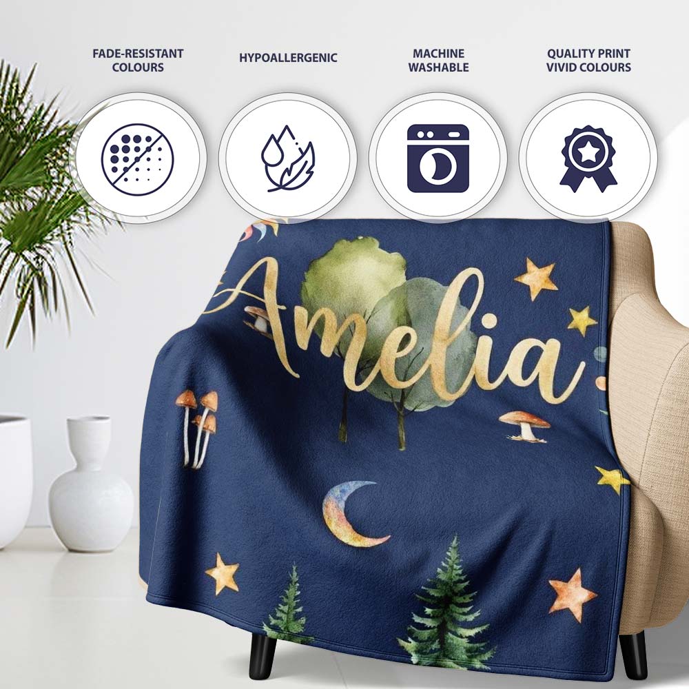 Watercolor Forest Trees Mushrooms Sun Moon Stars on Dark Blue  Personalised Custom Name Super Soft Fleece Blanket Bed Sofa Throw