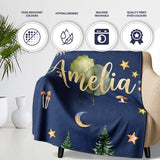 Watercolor Forest Trees Mushrooms Sun Moon Stars on Dark Blue  Personalised Custom Name Super Soft Fleece Blanket Bed Sofa Throw
