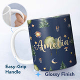 Personalized Custom Name Watercolor Forest Trees Mushrooms Sun Moon Stars on Dark Blue 11oz Ceramic Coffee Tea Mug White Large Handle