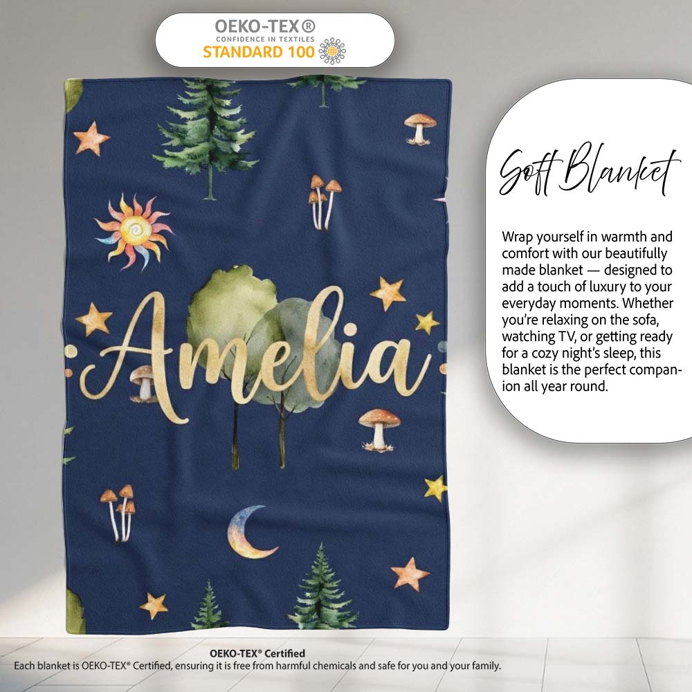 Watercolor Forest Trees Mushrooms Sun Moon Stars on Dark Blue  Personalised Custom Name Super Soft Fleece Blanket Bed Sofa Throw