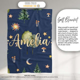 Watercolor Forest Trees Mushrooms Sun Moon Stars on Dark Blue  Personalised Custom Name Super Soft Fleece Blanket Bed Sofa Throw