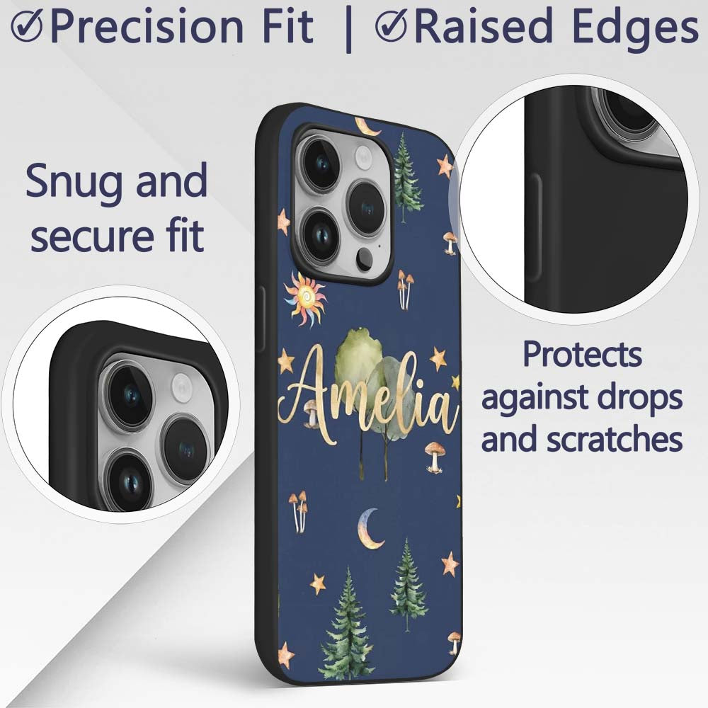Watercolor Forest Trees Mushrooms Sun Moon Stars Custom Name Protective Phone Case Mobile Cover Durable Everyday Smartphone Shock Resistant