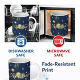 Personalized Custom Name Watercolor Forest Trees Mushrooms Sun Moon Stars on Dark Blue 11oz Ceramic Coffee Tea Mug White Large Handle