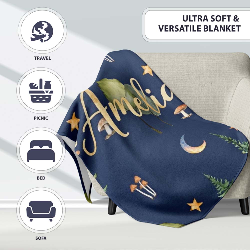 Watercolor Forest Trees Mushrooms Sun Moon Stars on Dark Blue  Personalised Custom Name Super Soft Fleece Blanket Bed Sofa Throw