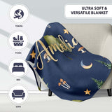 Watercolor Forest Trees Mushrooms Sun Moon Stars on Dark Blue  Personalised Custom Name Super Soft Fleece Blanket Bed Sofa Throw