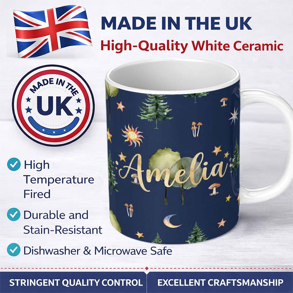 Personalized Custom Name Watercolor Forest Trees Mushrooms Sun Moon Stars on Dark Blue 11oz Ceramic Coffee Tea Mug White Large Handle