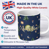 Personalized Custom Name Watercolor Forest Trees Mushrooms Sun Moon Stars on Dark Blue 11oz Ceramic Coffee Tea Mug White Large Handle
