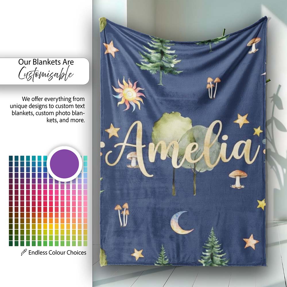 Watercolor Forest Trees Mushrooms Sun Moon Stars on Dark Blue  Personalised Custom Name Super Soft Fleece Blanket Bed Sofa Throw