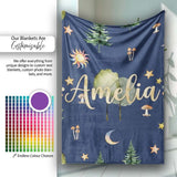 Watercolor Forest Trees Mushrooms Sun Moon Stars on Dark Blue  Personalised Custom Name Super Soft Fleece Blanket Bed Sofa Throw