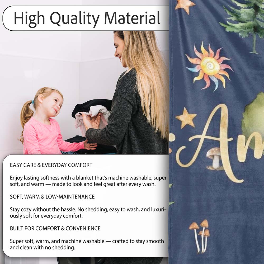 Watercolor Forest Trees Mushrooms Sun Moon Stars on Dark Blue  Personalised Custom Name Super Soft Fleece Blanket Bed Sofa Throw