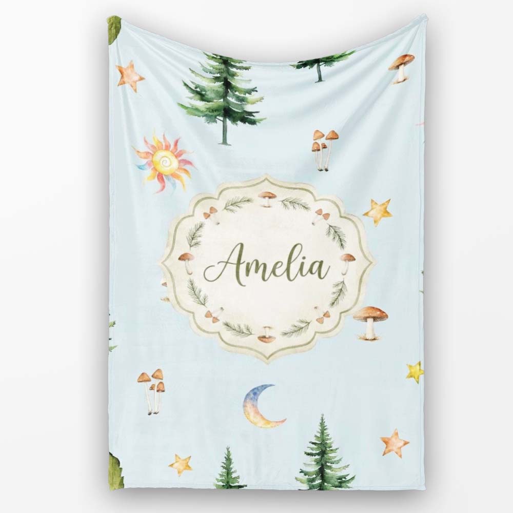Watercolor Forest Trees Mushrooms Sun Moon Stars on Sky Blue  Personalised Custom Name Super Soft Fleece Blanket Bed Sofa Throw