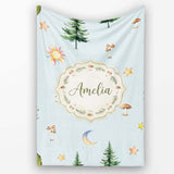Watercolor Forest Trees Mushrooms Sun Moon Stars on Sky Blue  Personalised Custom Name Super Soft Fleece Blanket Bed Sofa Throw