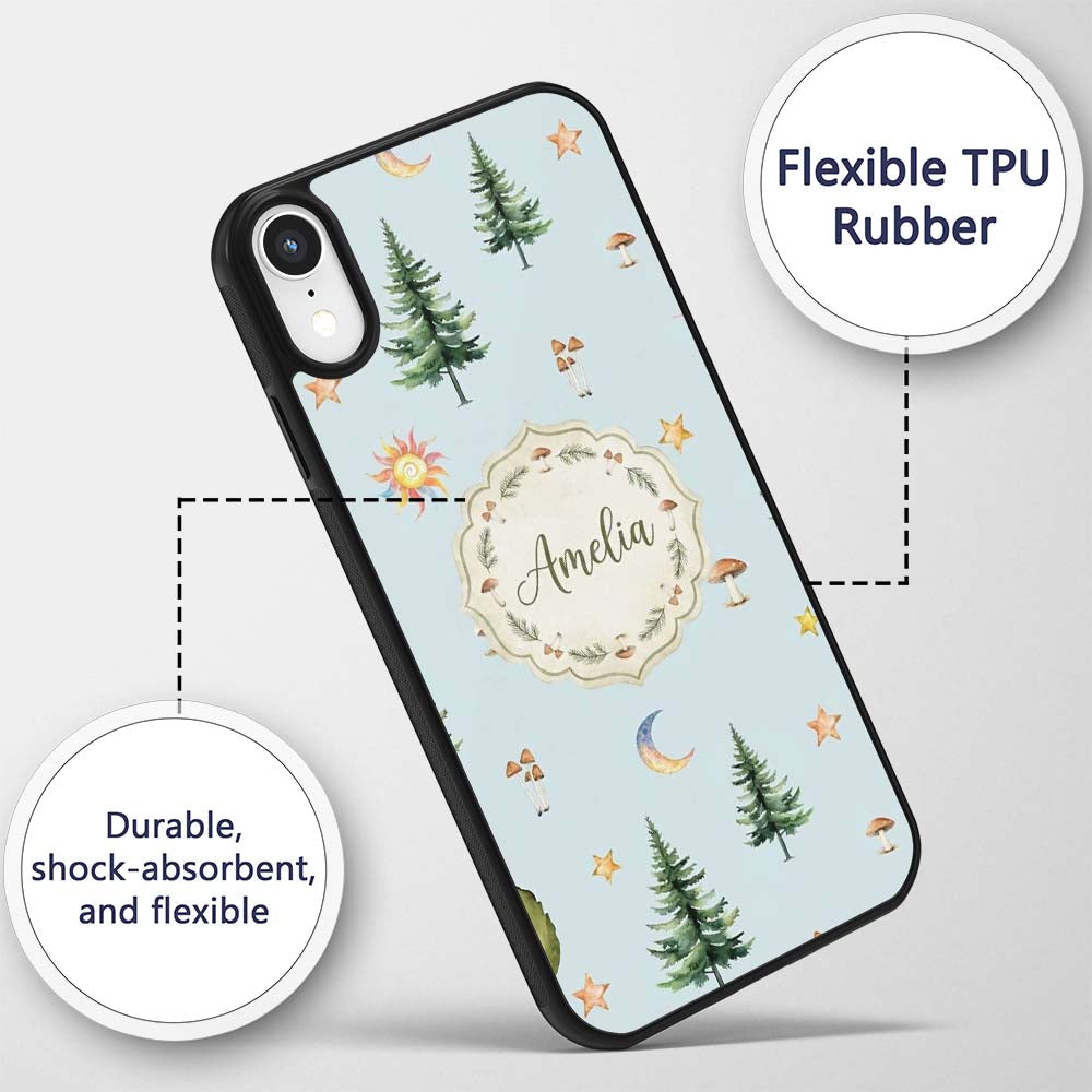 Watercolor Forest Trees Mushrooms Sun Moon Stars Custom Name Protective Phone Case Mobile Cover Durable Everyday Smartphone Shock Resistant