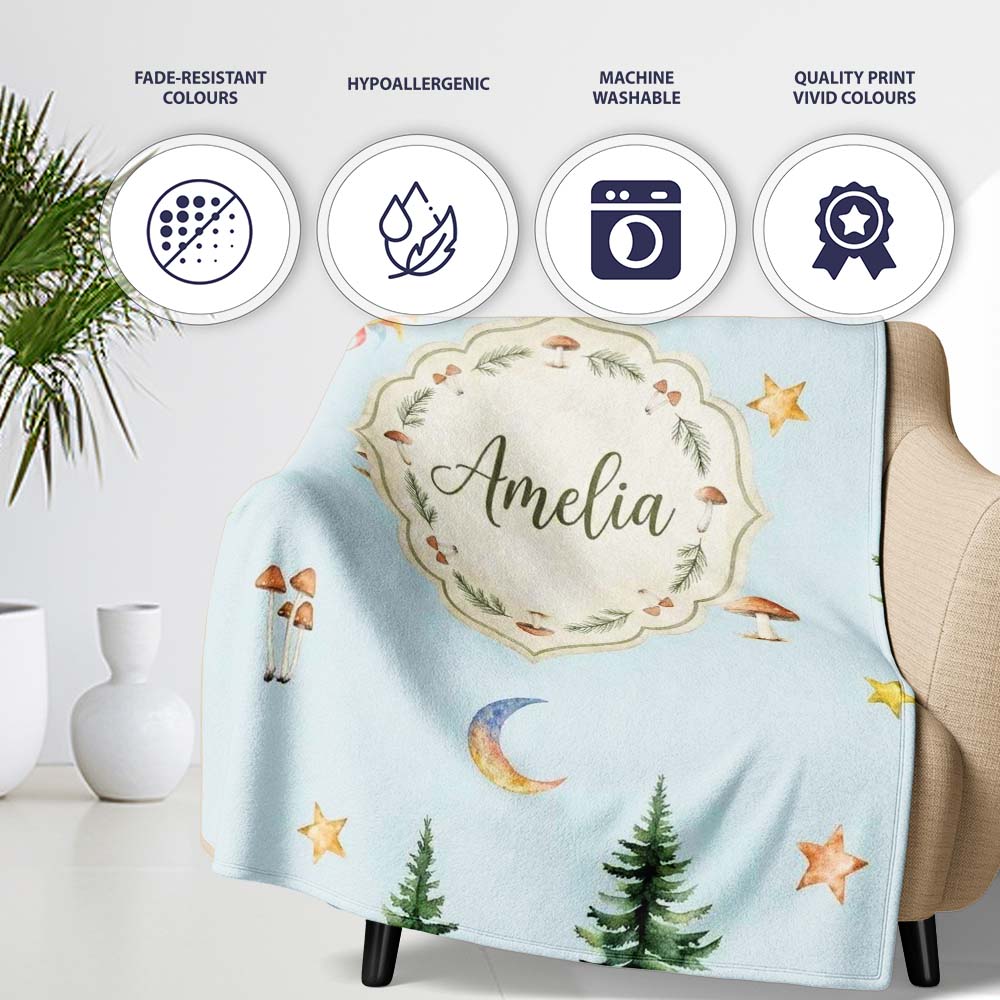 Watercolor Forest Trees Mushrooms Sun Moon Stars on Sky Blue  Personalised Custom Name Super Soft Fleece Blanket Bed Sofa Throw