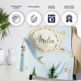 Watercolor Forest Trees Mushrooms Sun Moon Stars on Sky Blue  Personalised Custom Name Super Soft Fleece Blanket Bed Sofa Throw