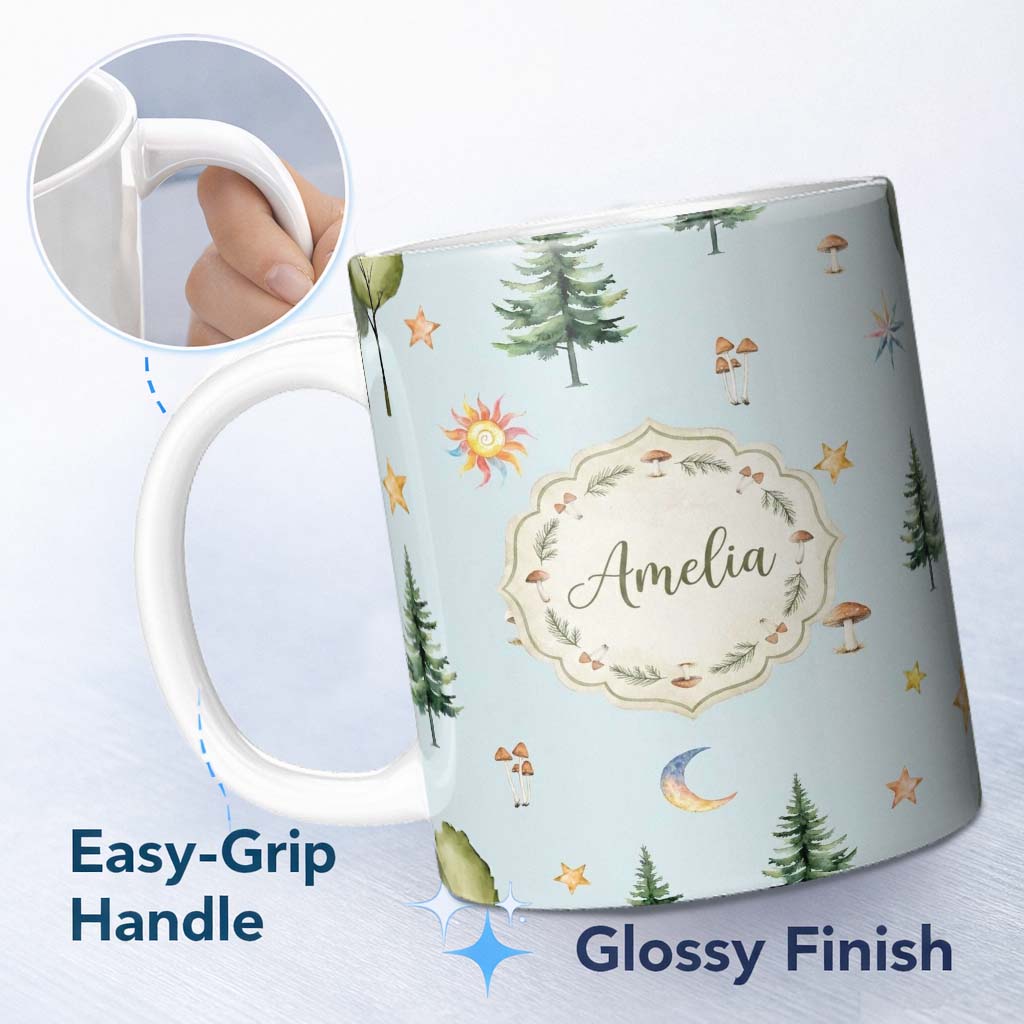 Personalized Custom Name Watercolor Forest Trees Mushrooms Sun Moon Stars on Sky Blue 11oz Ceramic Coffee Tea Mug White Large Handle