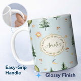 Personalized Custom Name Watercolor Forest Trees Mushrooms Sun Moon Stars on Sky Blue 11oz Ceramic Coffee Tea Mug White Large Handle