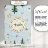 Watercolor Forest Trees Mushrooms Sun Moon Stars on Sky Blue  Personalised Custom Name Super Soft Fleece Blanket Bed Sofa Throw