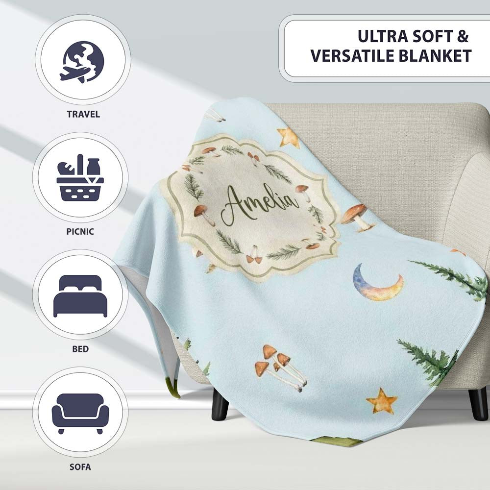 Watercolor Forest Trees Mushrooms Sun Moon Stars on Sky Blue  Personalised Custom Name Super Soft Fleece Blanket Bed Sofa Throw