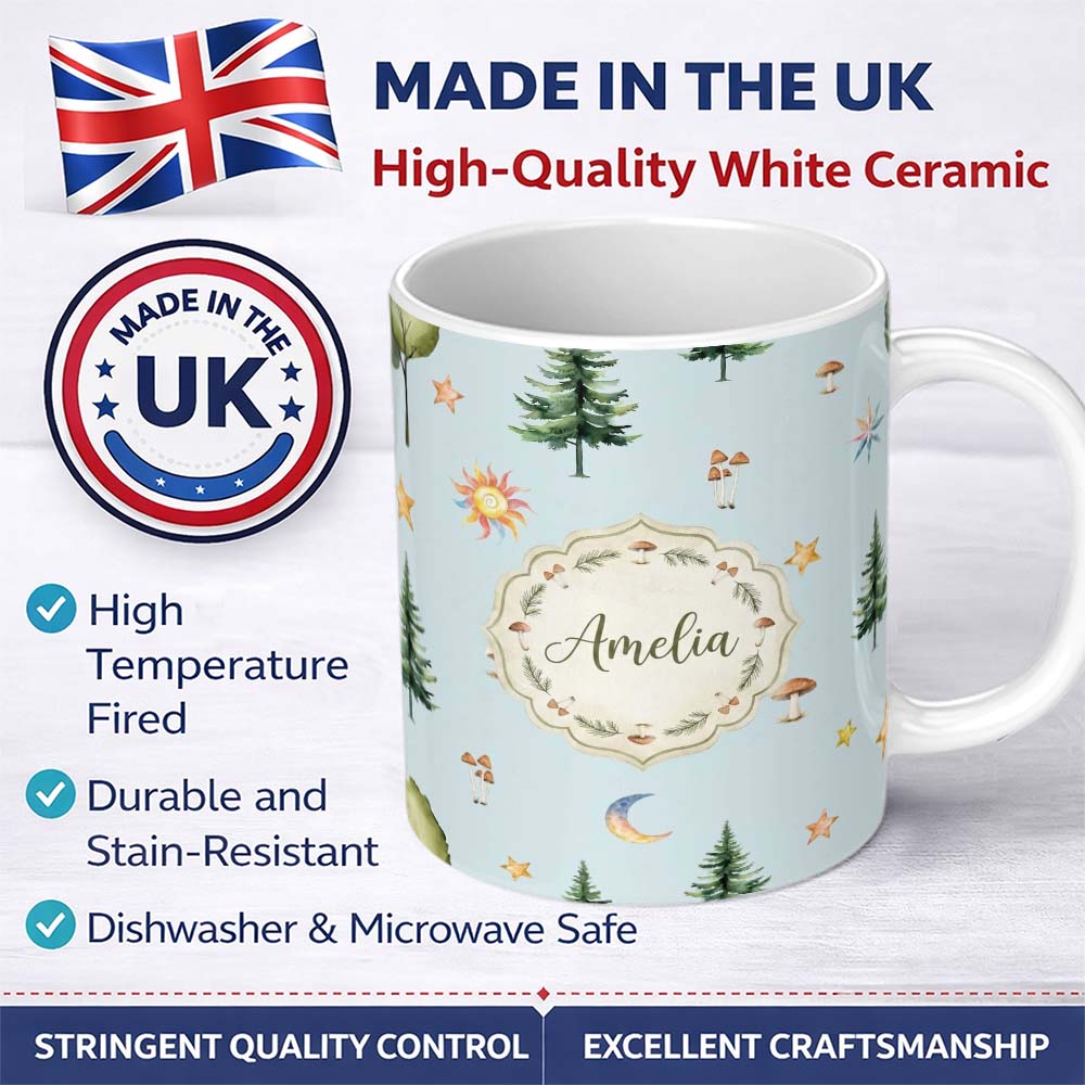 Personalized Custom Name Watercolor Forest Trees Mushrooms Sun Moon Stars on Sky Blue 11oz Ceramic Coffee Tea Mug White Large Handle