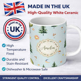 Personalized Custom Name Watercolor Forest Trees Mushrooms Sun Moon Stars on Sky Blue 11oz Ceramic Coffee Tea Mug White Large Handle