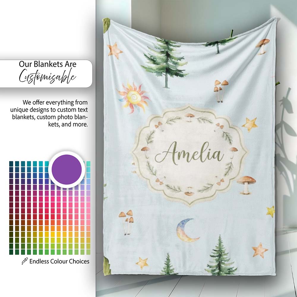 Watercolor Forest Trees Mushrooms Sun Moon Stars on Sky Blue  Personalised Custom Name Super Soft Fleece Blanket Bed Sofa Throw