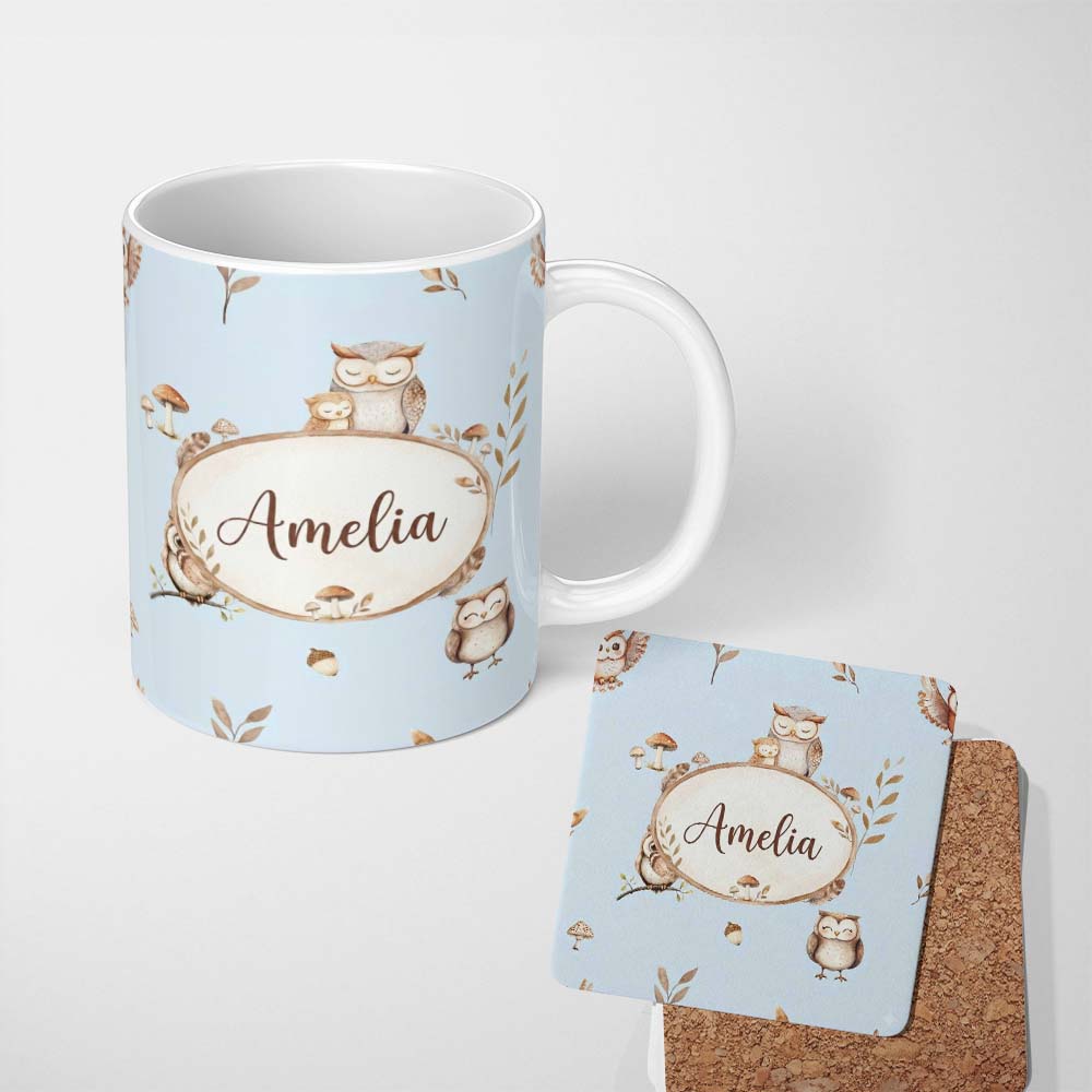 Personalized Custom Name Cute Woodland Owls with Mushrooms Leaves Soft Blue Background 11oz Ceramic Coffee Tea Mug White Large Handle