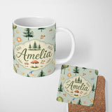 Personalized Custom Name Watercolor Forest Trees Mushrooms Sun Moon Stars on Sage Green 11oz Ceramic Coffee Tea Mug White Large Handle