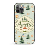 Watercolor Forest Trees Mushrooms Sun Moon Stars Custom Name Protective Phone Case Mobile Cover Durable Everyday Smartphone Shock Resistant