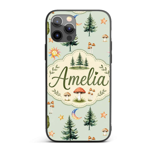 Watercolor Forest Trees Mushrooms Sun Moon Stars Custom Name Protective Phone Case Mobile Cover Durable Everyday Smartphone Shock Resistant