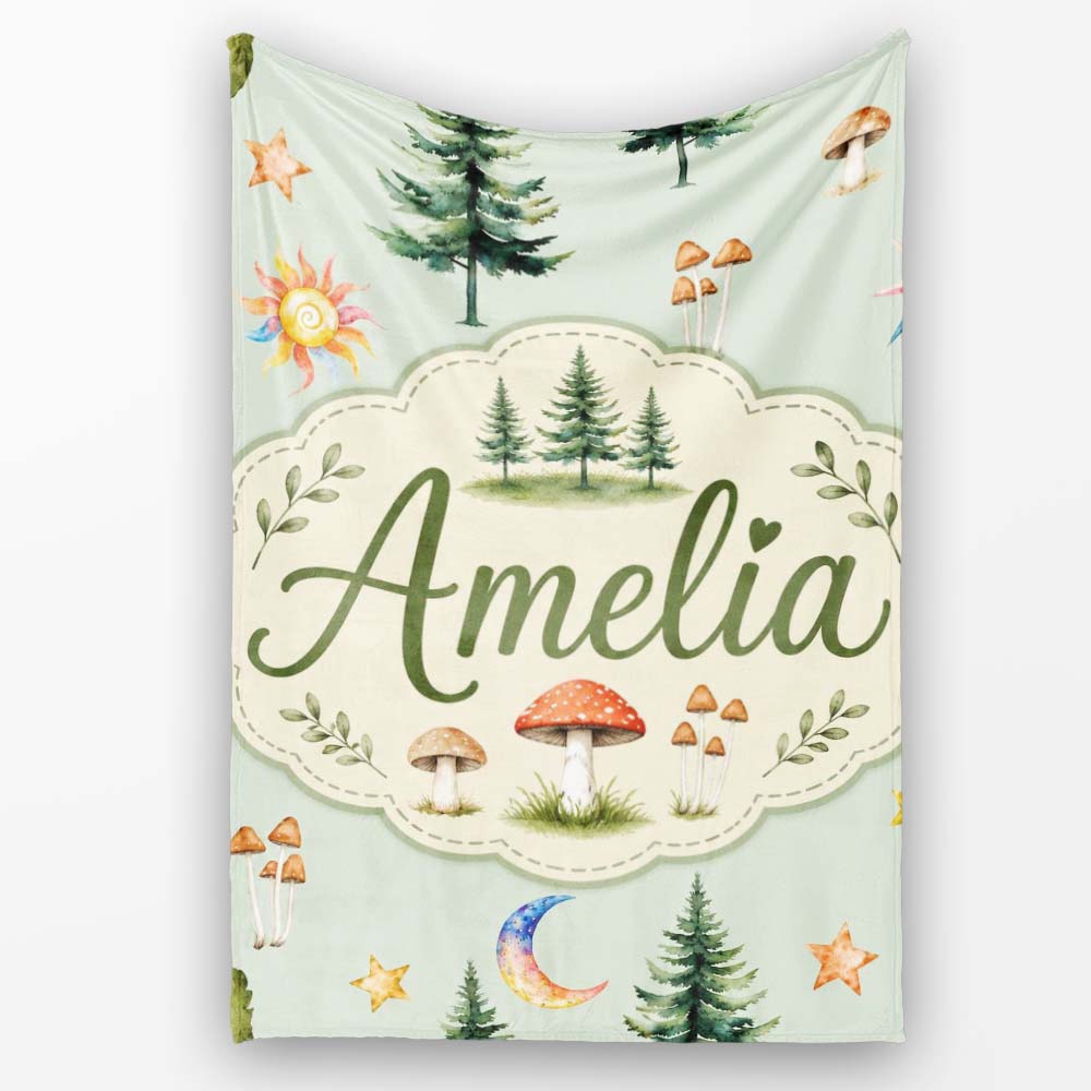 Watercolor Forest Trees Mushrooms Sun Moon Stars on Sage Green  Personalised Custom Name Super Soft Fleece Blanket Bed Sofa Throw