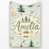 Watercolor Forest Trees Mushrooms Sun Moon Stars on Sage Green  Personalised Custom Name Super Soft Fleece Blanket Bed Sofa Throw