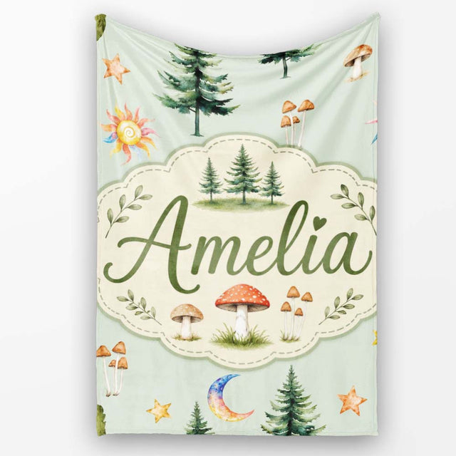 Watercolor Forest Trees Mushrooms Sun Moon Stars on Sage Green  Personalised Custom Name Super Soft Fleece Blanket Bed Sofa Throw