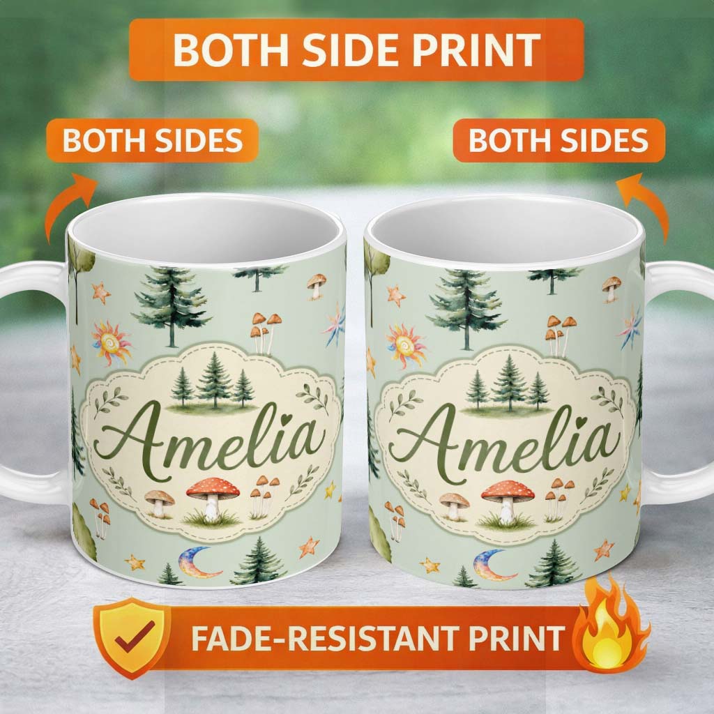 Personalized Custom Name Watercolor Forest Trees Mushrooms Sun Moon Stars on Sage Green 11oz Ceramic Coffee Tea Mug White Large Handle