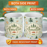 Personalized Custom Name Watercolor Forest Trees Mushrooms Sun Moon Stars on Sage Green 11oz Ceramic Coffee Tea Mug White Large Handle