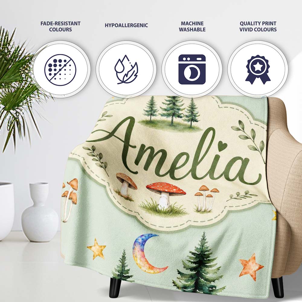 Watercolor Forest Trees Mushrooms Sun Moon Stars on Sage Green  Personalised Custom Name Super Soft Fleece Blanket Bed Sofa Throw
