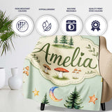 Watercolor Forest Trees Mushrooms Sun Moon Stars on Sage Green  Personalised Custom Name Super Soft Fleece Blanket Bed Sofa Throw