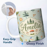 Personalized Custom Name Watercolor Forest Trees Mushrooms Sun Moon Stars on Sage Green 11oz Ceramic Coffee Tea Mug White Large Handle