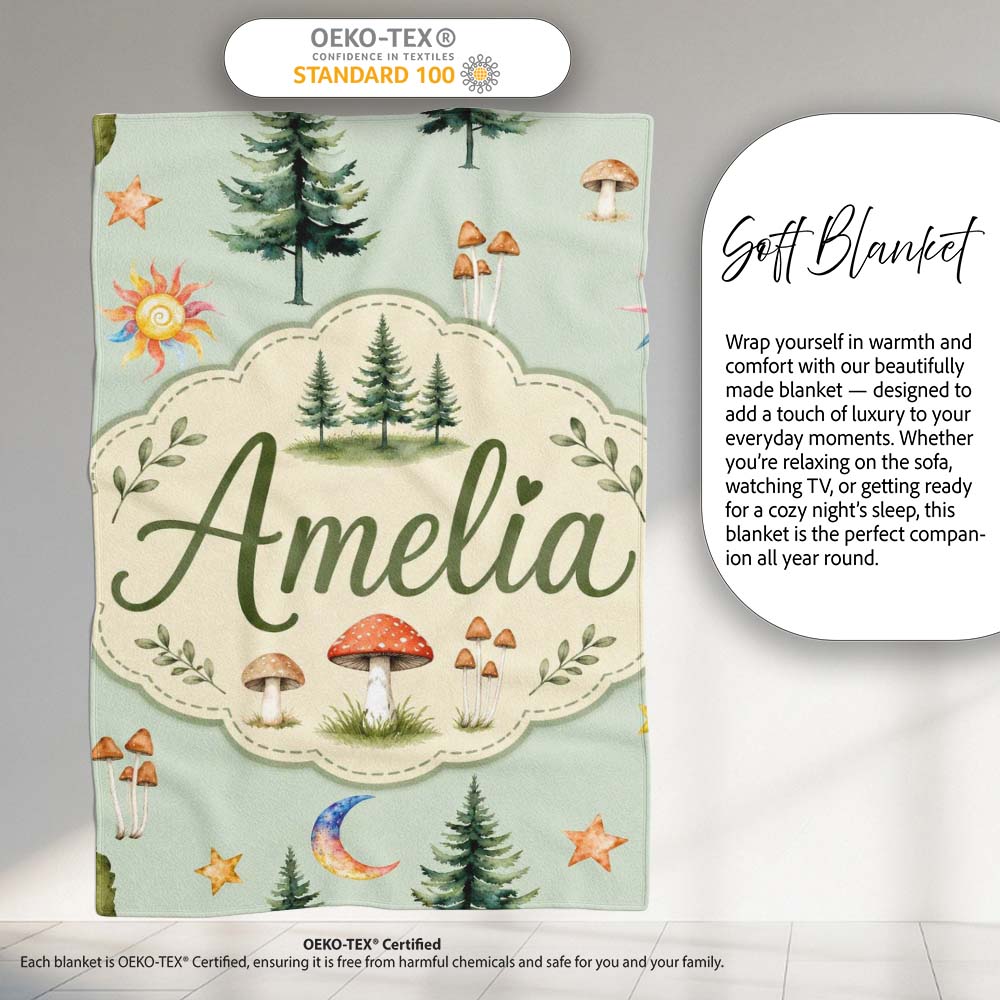 Watercolor Forest Trees Mushrooms Sun Moon Stars on Sage Green  Personalised Custom Name Super Soft Fleece Blanket Bed Sofa Throw