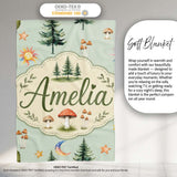 Watercolor Forest Trees Mushrooms Sun Moon Stars on Sage Green  Personalised Custom Name Super Soft Fleece Blanket Bed Sofa Throw