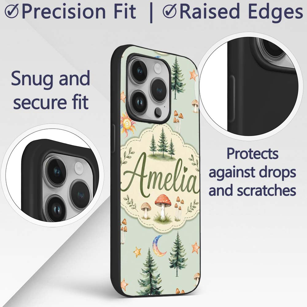 Watercolor Forest Trees Mushrooms Sun Moon Stars Custom Name Protective Phone Case Mobile Cover Durable Everyday Smartphone Shock Resistant