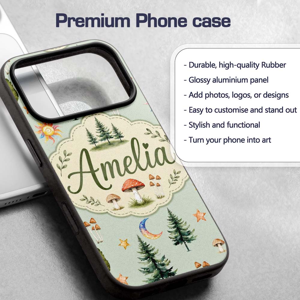 Watercolor Forest Trees Mushrooms Sun Moon Stars Custom Name Protective Phone Case Mobile Cover Durable Everyday Smartphone Shock Resistant