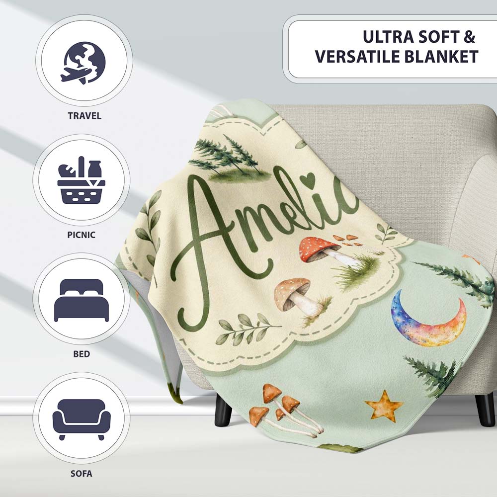 Watercolor Forest Trees Mushrooms Sun Moon Stars on Sage Green  Personalised Custom Name Super Soft Fleece Blanket Bed Sofa Throw