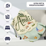 Watercolor Forest Trees Mushrooms Sun Moon Stars on Sage Green  Personalised Custom Name Super Soft Fleece Blanket Bed Sofa Throw