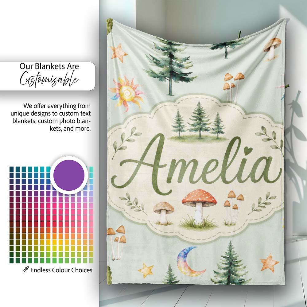 Watercolor Forest Trees Mushrooms Sun Moon Stars on Sage Green  Personalised Custom Name Super Soft Fleece Blanket Bed Sofa Throw