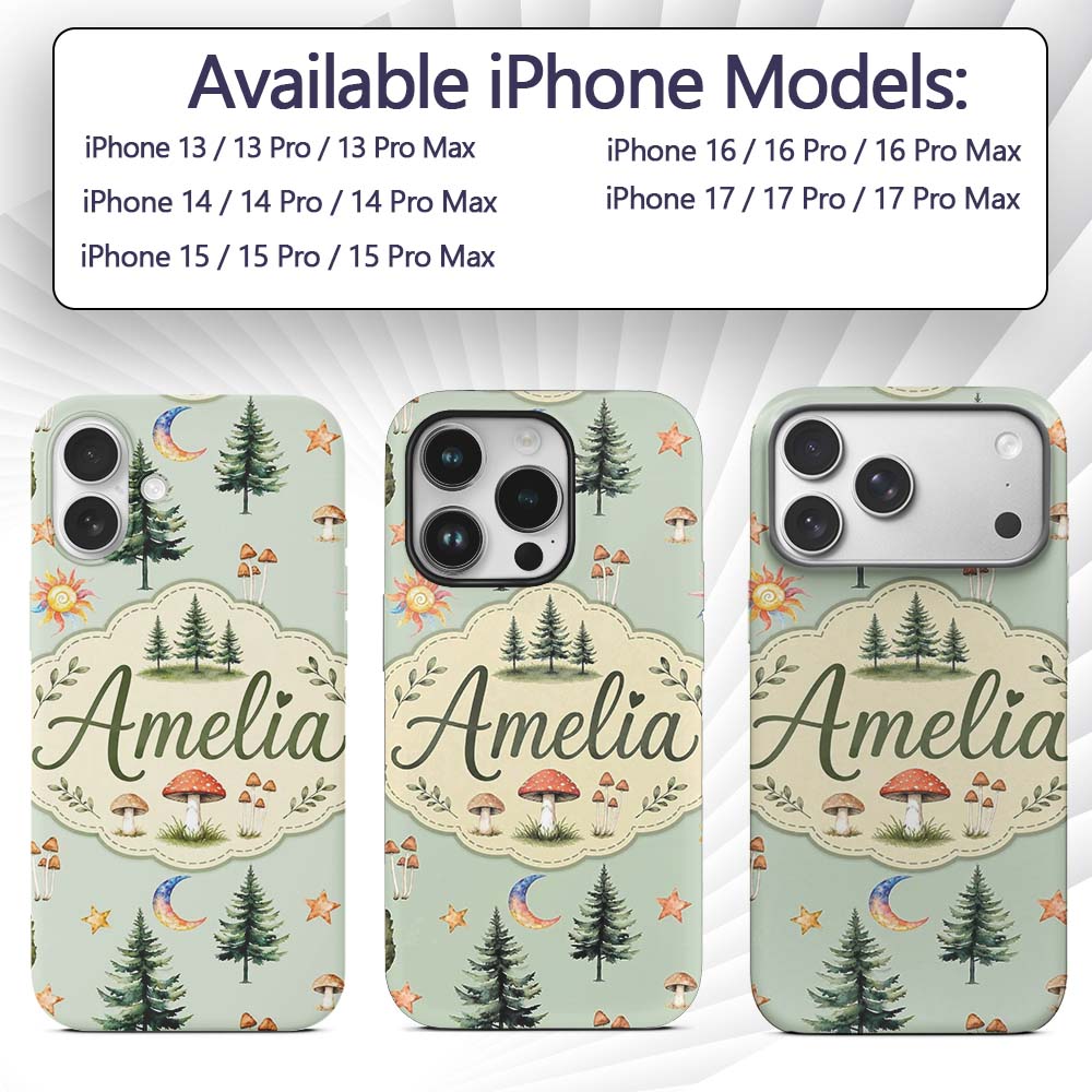 Watercolor Forest Trees Mushrooms Sun Moon Stars Custom Name Protective Phone Case Mobile Cover Durable Everyday Smartphone Shock Resistant