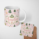 Personalized Custom Name Watercolor Forest Trees Mushrooms Sun Moon Stars on Blush Pink 11oz Ceramic Coffee Tea Mug White Large Handle