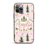 Watercolor Forest Trees Mushrooms Sun Moon Stars Custom Name Protective Phone Case Mobile Cover Durable Everyday Smartphone Shock Resistant