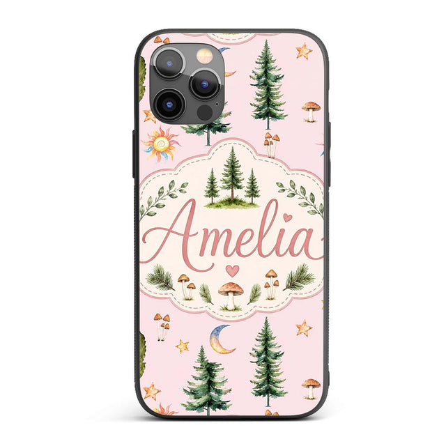 Watercolor Forest Trees Mushrooms Sun Moon Stars Custom Name Protective Phone Case Mobile Cover Durable Everyday Smartphone Shock Resistant